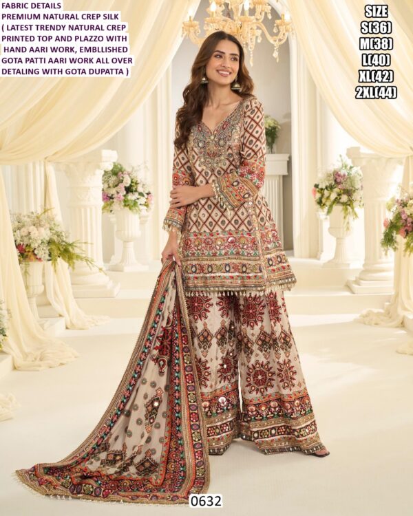 Premium Natural Crepe Silk Beautifully Printed Top And Plazo Set Enhanced With Intricate Hand Aari Work