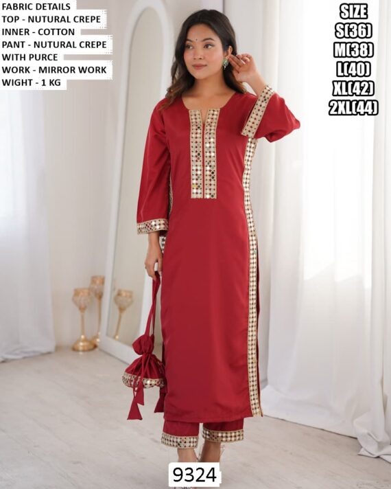 Natural Crepe Mirror Work Cotton Readymade Kurti With Pant, Three-Piece Party Wear Suit