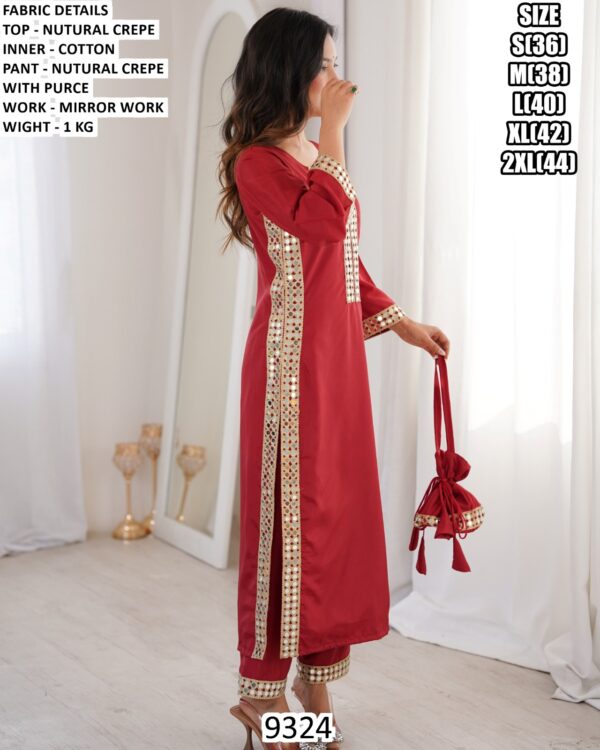 Natural Crepe Mirror Work Cotton Readymade Kurti With Pant, Three-Piece Party Wear Suit