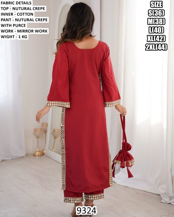 Natural Crepe Mirror Work Cotton Readymade Kurti With Pant, Three-Piece Party Wear Suit