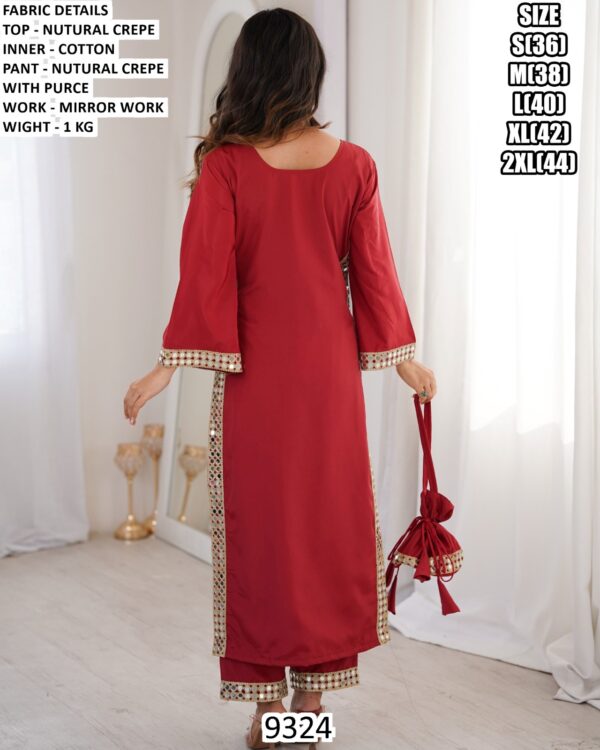 Natural Crepe Mirror Work Cotton Readymade Kurti With Pant, Three-Piece Party Wear Suit