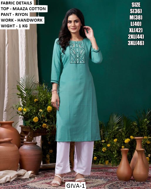 Grab These Beautiful Looking Readymade Maaza Cotton Hand Work Kurti With Bottom
