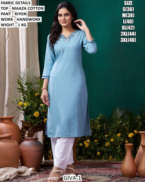 Grab These Beautiful Looking Readymade Maaza Cotton Hand Work Kurti With Bottom