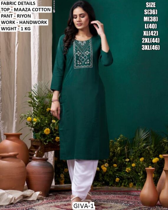 Grab These Beautiful Looking Readymade Maaza Cotton Hand Work Kurti With Bottom