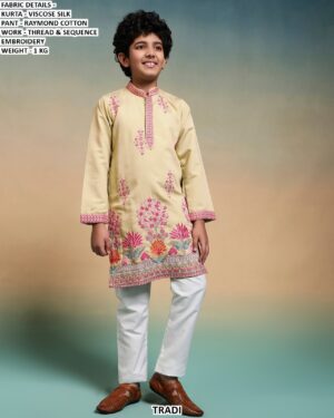 Kid's Special New Collection, Viscose Silk Multi Colour Thread Work Kurta And Pajama Sets