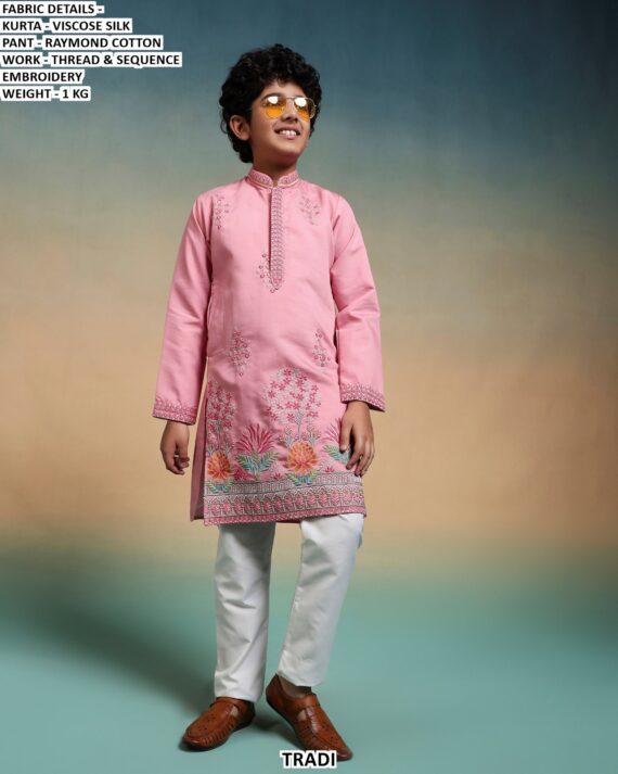 Kid's Special New Collection, Viscose Silk Multi Colour Thread Work Kurta And Pajama Sets