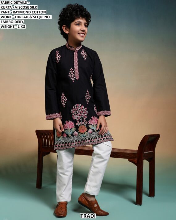 Kid's Special New Collection, Viscose Silk Multi Colour Thread Work Kurta And Pajama Sets