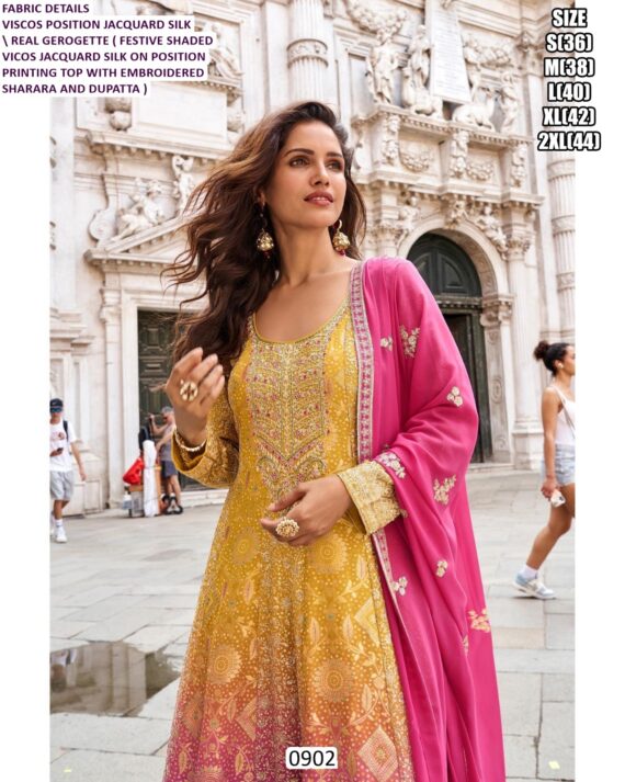 Festive Shaded Viscose Position Jacquard Silk With Refined Embroidery Sharara Suit And Matching Dupatta