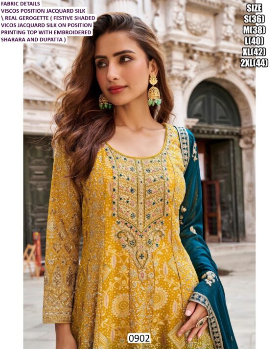 Festive Shaded Viscose Position Jacquard Silk With Refined Embroidery Sharara Suit And Matching Dupatta