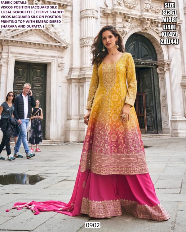 Festive Shaded Viscose Position Jacquard Silk With Refined Embroidery Sharara Suit And Matching Dupatta