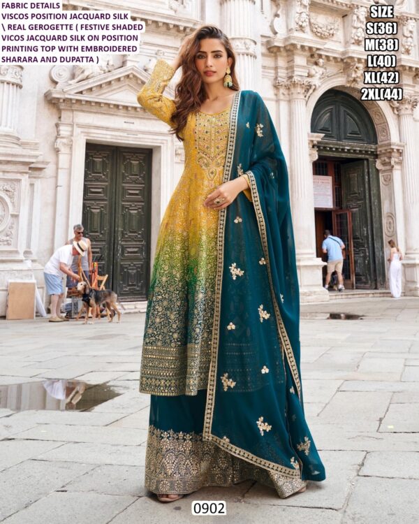 Festive Shaded Viscose Position Jacquard Silk With Refined Embroidery Sharara Suit And Matching Dupatta