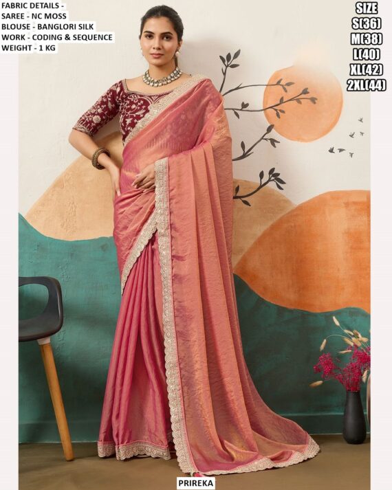 Soft And Dual Shade Nc Moss Trendy Coding And Sequence Work Sarees With Six Colours