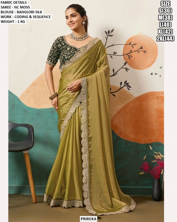 Soft And Dual Shade Nc Moss Trendy Coding And Sequence Work Sarees With Six Colours