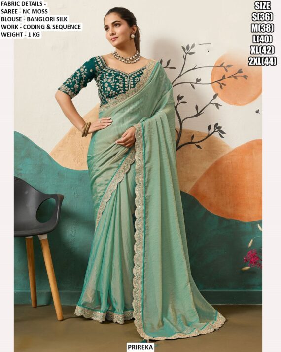 Soft And Dual Shade Nc Moss Trendy Coding And Sequence Work Sarees With Six Colours