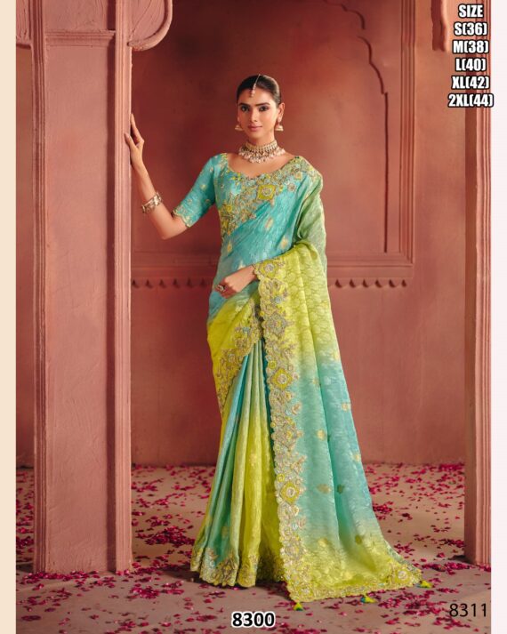 Pure Smooth Zari Silk Weaving, Heavy Sequins Embroidery Work Sarees With Classic Colour Combination