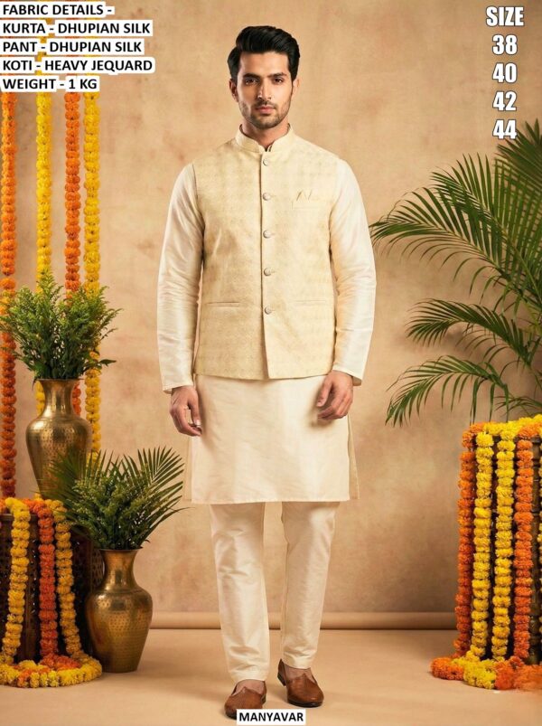 Dhupian Silk Men's Kurta, Pant With Heavy Jequard With Fusing Stylish Koti - Readymade Collection