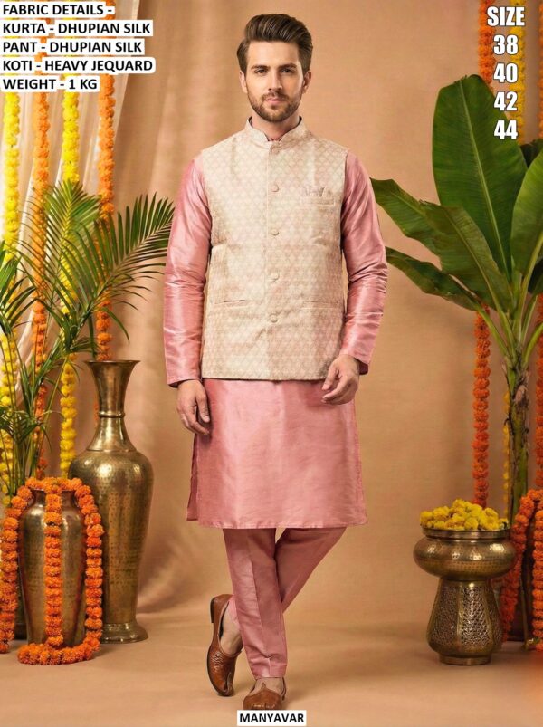 Dhupian Silk Men's Kurta, Pant With Heavy Jequard With Fusing Stylish Koti - Readymade Collection