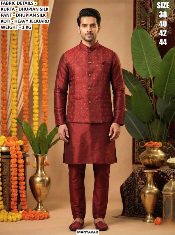 Dhupian Silk Men's Kurta, Pant With Heavy Jequard With Fusing Stylish Koti - Readymade Collection
