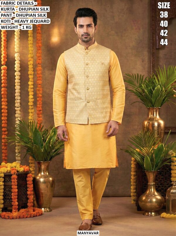 Dhupian Silk Men's Kurta, Pant With Heavy Jequard With Fusing Stylish Koti - Readymade Collection