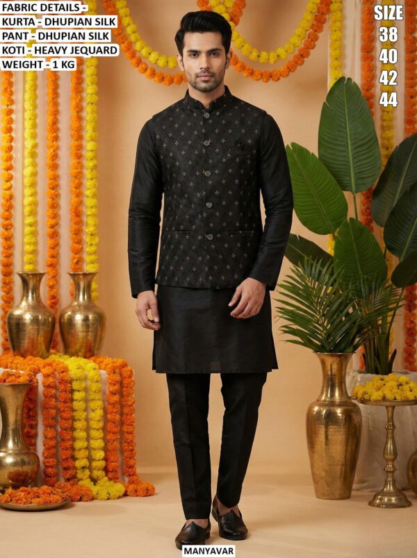 Dhupian Silk Men's Kurta, Pant With Heavy Jequard With Fusing Stylish Koti - Readymade Collection