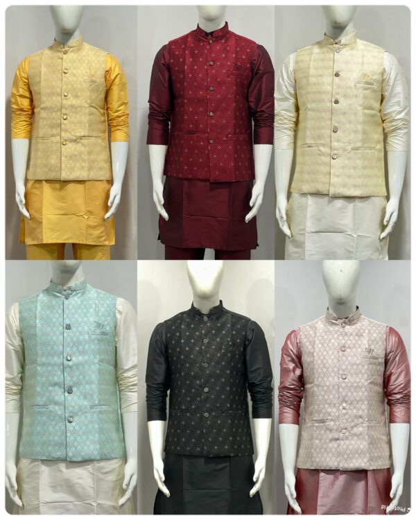 Dhupian Silk Men's Kurta, Pant With Heavy Jequard With Fusing Stylish Koti - Readymade Collection