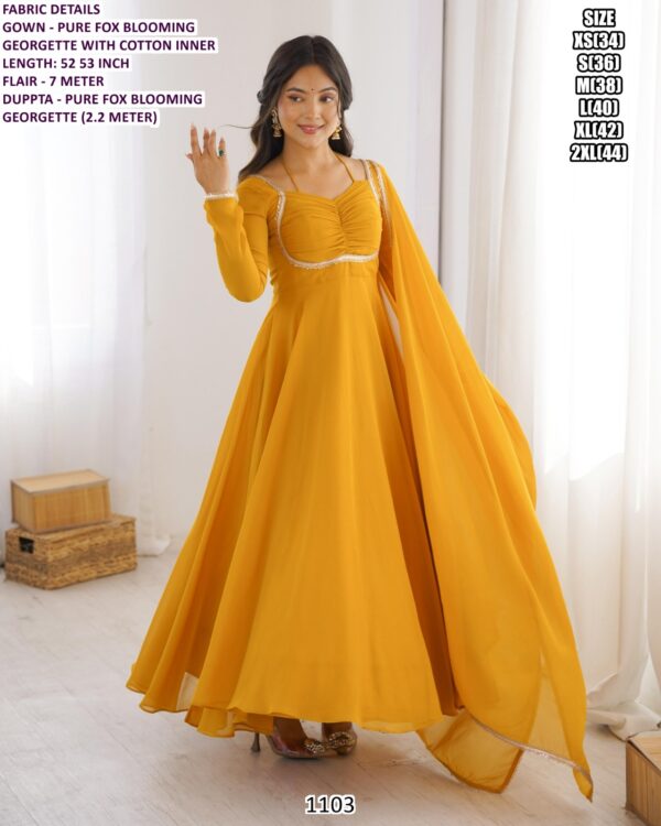 Pure Faux Blooming Georgette Suit Style Readymade Gown With Huge Flair And Dupatta