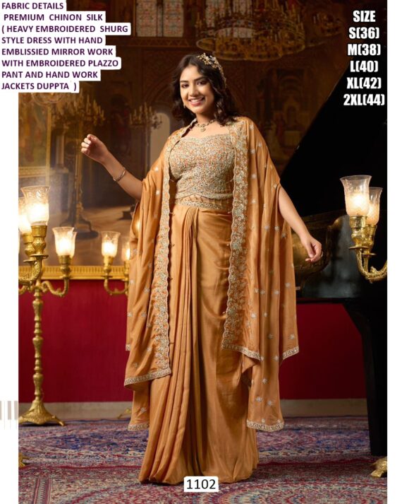 Wedding Wear Premium Silk Chinon Catching Worked Stylish Indo-Western Dress, Buy Now!