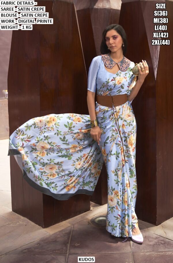 Digital Multi Floral Printed Satin Crepe Classic Party Wear Sarees With Stylish Blouse