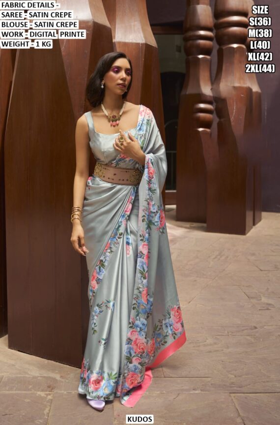 Digital Multi Floral Printed Satin Crepe Classic Party Wear Sarees With Stylish Blouse