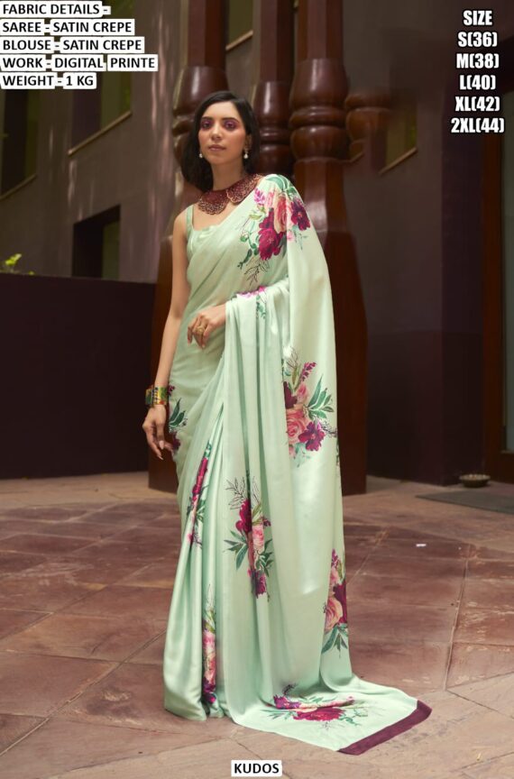 Digital Multi Floral Printed Satin Crepe Classic Party Wear Sarees With Stylish Blouse