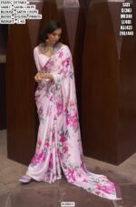 Digital Multi Floral Printed Satin Crepe Classic Party Wear Sarees With Stylish Blouse