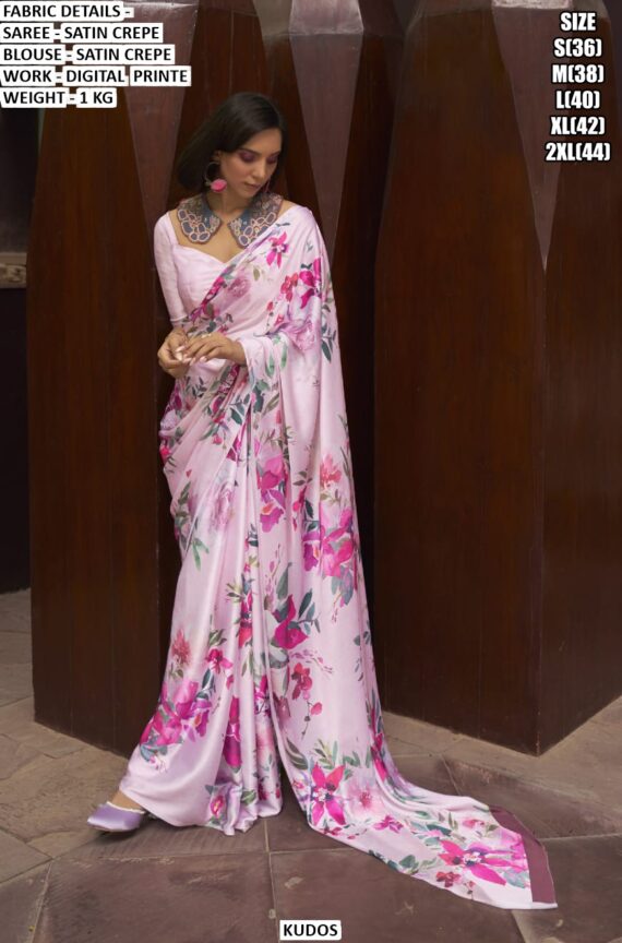 Digital Multi Floral Printed Satin Crepe Classic Party Wear Sarees With Stylish Blouse