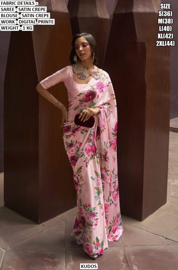 Digital Multi Floral Printed Satin Crepe Classic Party Wear Sarees With Stylish Blouse