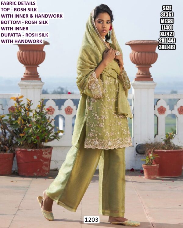 Lime Green Colour Rosh Silk Plazo Salwar Kameez With Exquisite Hand Work All Over Suit