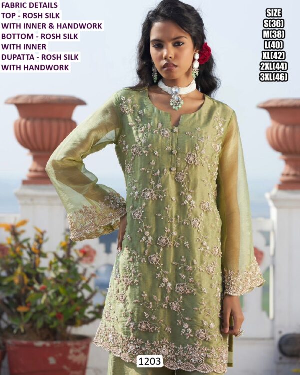 Lime Green Colour Rosh Silk Plazo Salwar Kameez With Exquisite Hand Work All Over Suit