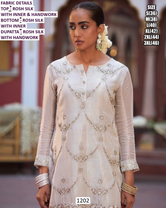 Fine Shine Rosh Silk Suit In A White Colour, Adorned With Simple Hand Work - Classy Yet Eye-Catching
