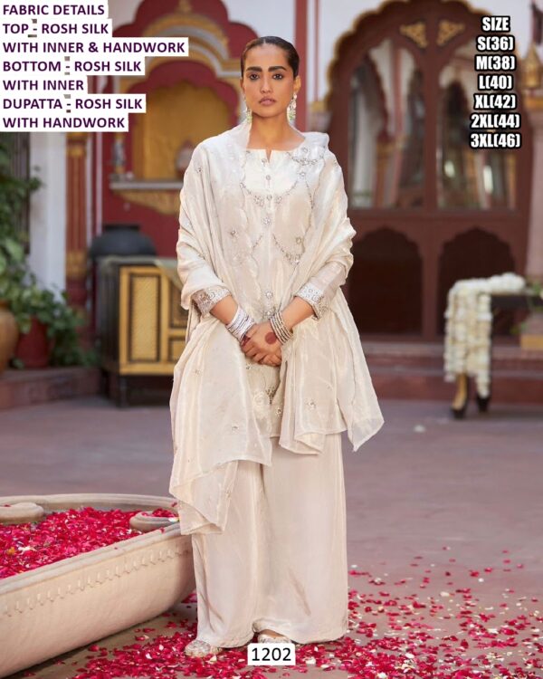 Fine Shine Rosh Silk Suit In A White Colour, Adorned With Simple Hand Work - Classy Yet Eye-Catching