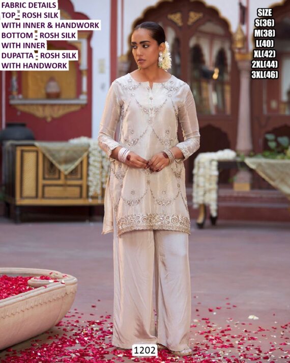 Fine Shine Rosh Silk Suit In A White Colour, Adorned With Simple Hand Work - Classy Yet Eye-Catching