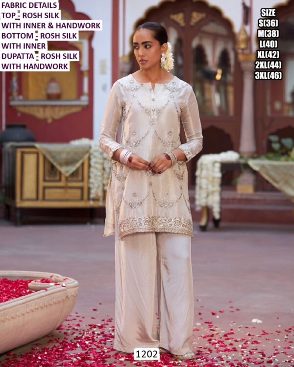 Fine Shine Rosh Silk Suit In A White Colour, Adorned With Simple Hand Work - Classy Yet Eye-Catching