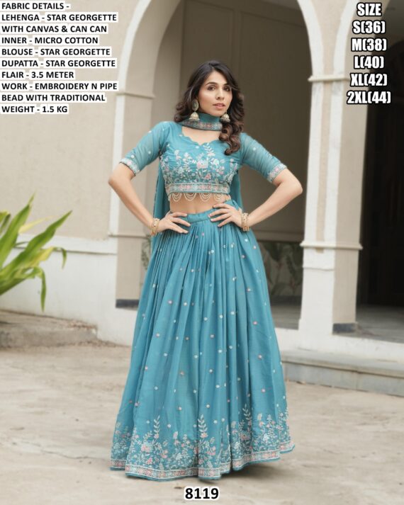 Deep Teal Blue Star Georgette Embroidered And Pipe Beads With Traditional Work Lehenga Choli