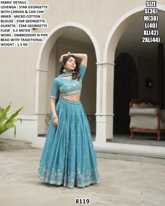 Deep Teal Blue Star Georgette Embroidered And Pipe Beads With Traditional Work Lehenga Choli