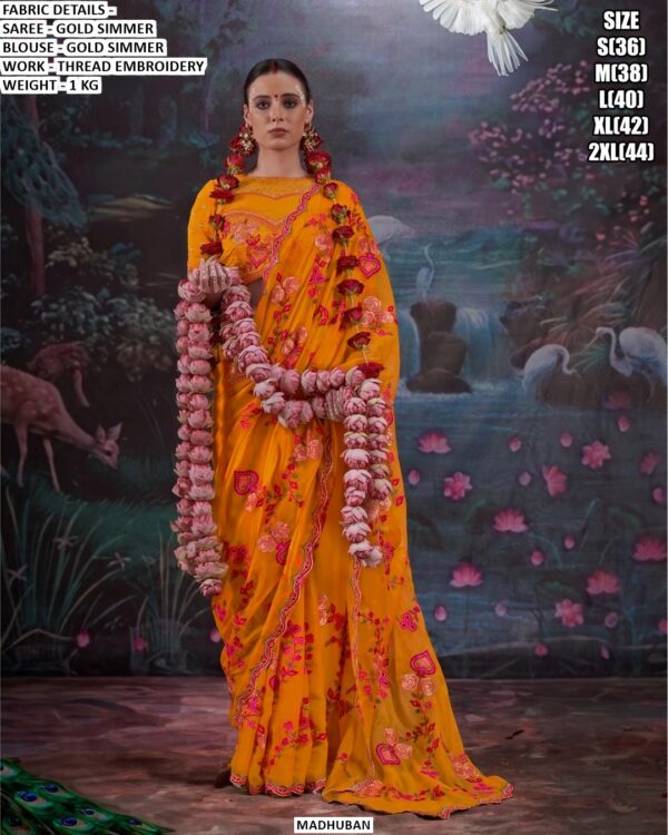 Presenting Gold Shimmer Thread Embroidery Work Festival Wear Designer Sarees