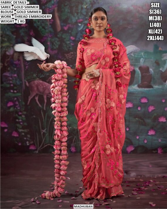 Presenting Gold Shimmer Thread Embroidery Work Festival Wear Designer Sarees