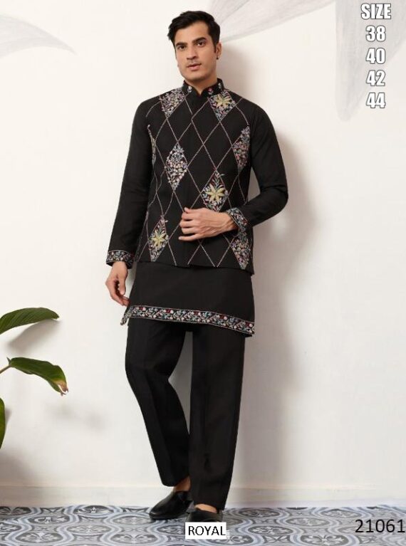 Men's Viscose Art Silk Kurta Koti Set In Three Colours With Thread And Sequins Embroidery