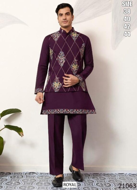 Men's Viscose Art Silk Kurta Koti Set In Three Colours With Thread And Sequins Embroidery