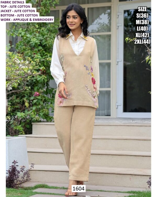 Applique And Embroidery Jute Co-ord Set - Cotton Shirt And Separate Jute Jacket With Jute Bottom