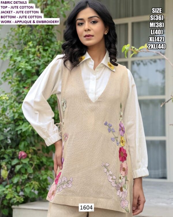 Applique And Embroidery Jute Co-ord Set - Cotton Shirt And Separate Jute Jacket With Jute Bottom