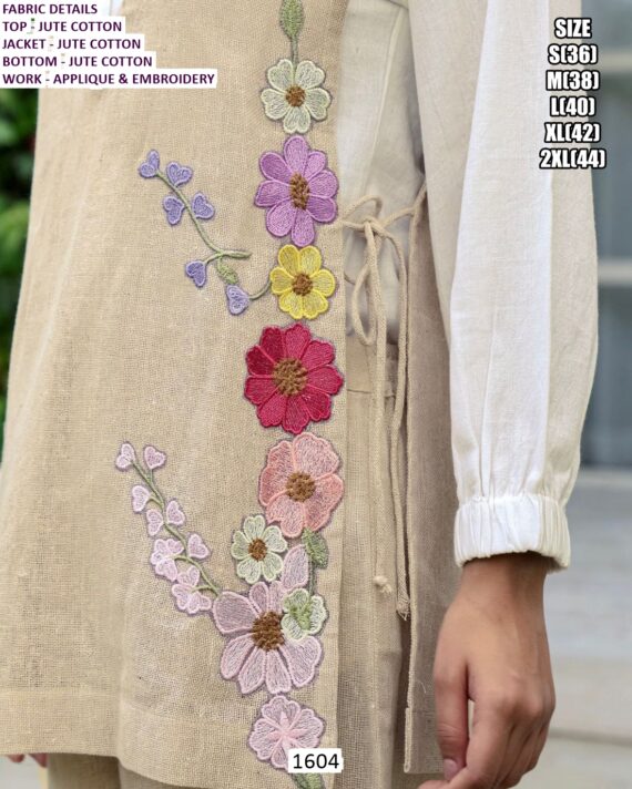 Applique And Embroidery Jute Co-ord Set - Cotton Shirt And Separate Jute Jacket With Jute Bottom