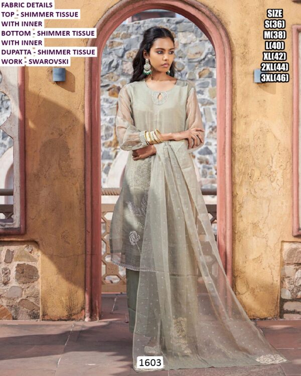 Shine With Elegance – Sage Bloom Shimmer Tissue With Swarovski Work Salwar Kameez Suit