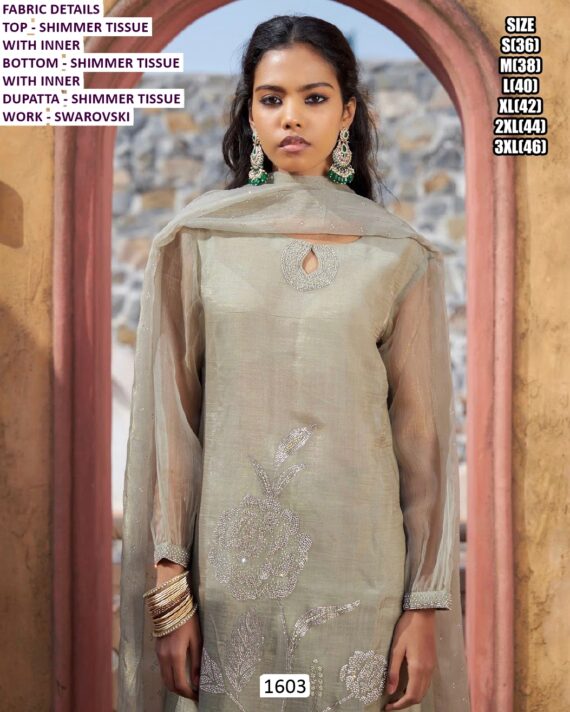 Shine With Elegance – Sage Bloom Shimmer Tissue With Swarovski Work Salwar Kameez Suit